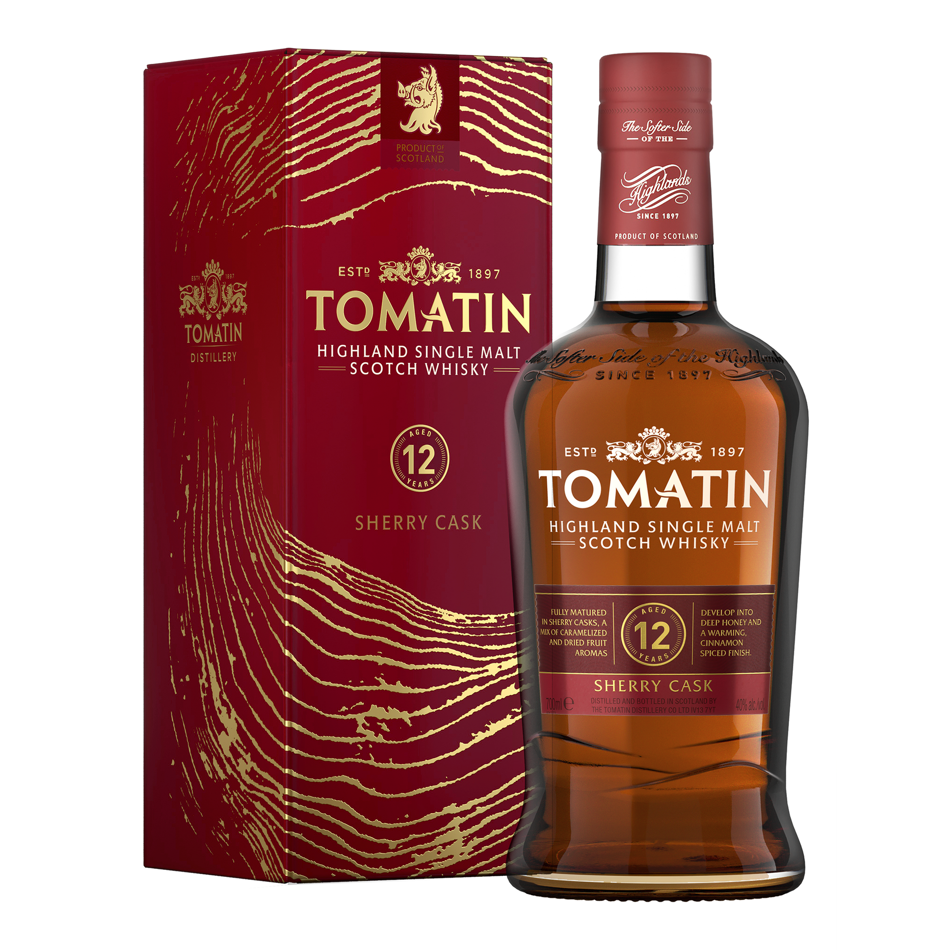A bottle of tomatin 12 sherry cask release single malt whisky beside its red carton with gold wood ring marks on it dark red whisky
