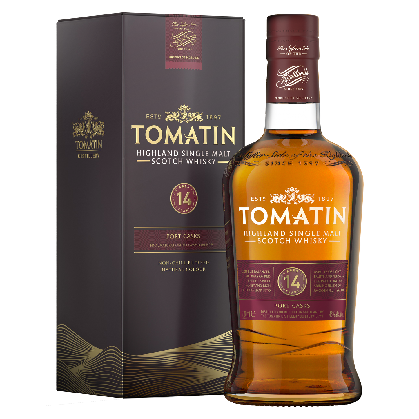 a bottle of tomatin 14 port cask single malt whisky with its dark red label gold writing and filled with dark amber whisky beside its dark red carton with gold writing. 