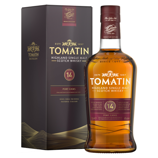 a bottle of tomatin 14 port cask single malt whisky with its dark red label gold writing and filled with dark amber whisky beside its dark red carton with gold writing. 