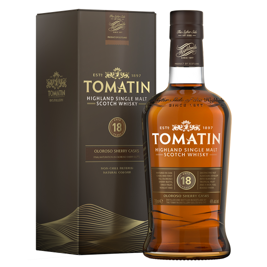 A bottle of Tomatin 18 year old single malt whisky with its brown and gold label and dark gold whisky inside the bottle beside the brown and gold carton. 
