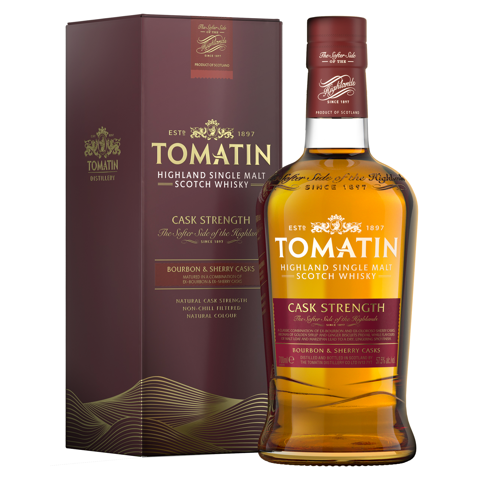 A bottle of tomatin cask strength single malt whisky with its red label filled with golden amber whisky and gold writing beside its dark red carton with gold writing 