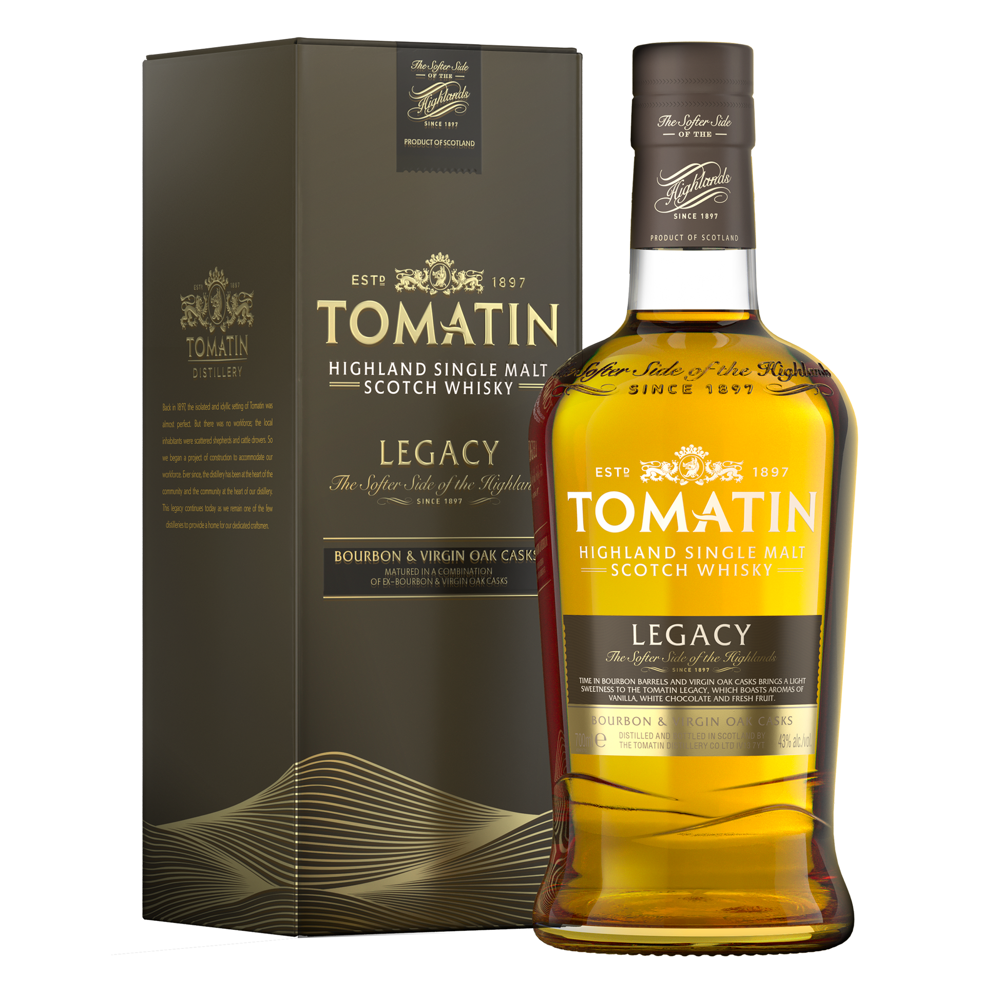 A bottle of Tomatin legacy single malt whisky with gold whisky inside the bottle and beside the khaki and gold coloured carton 