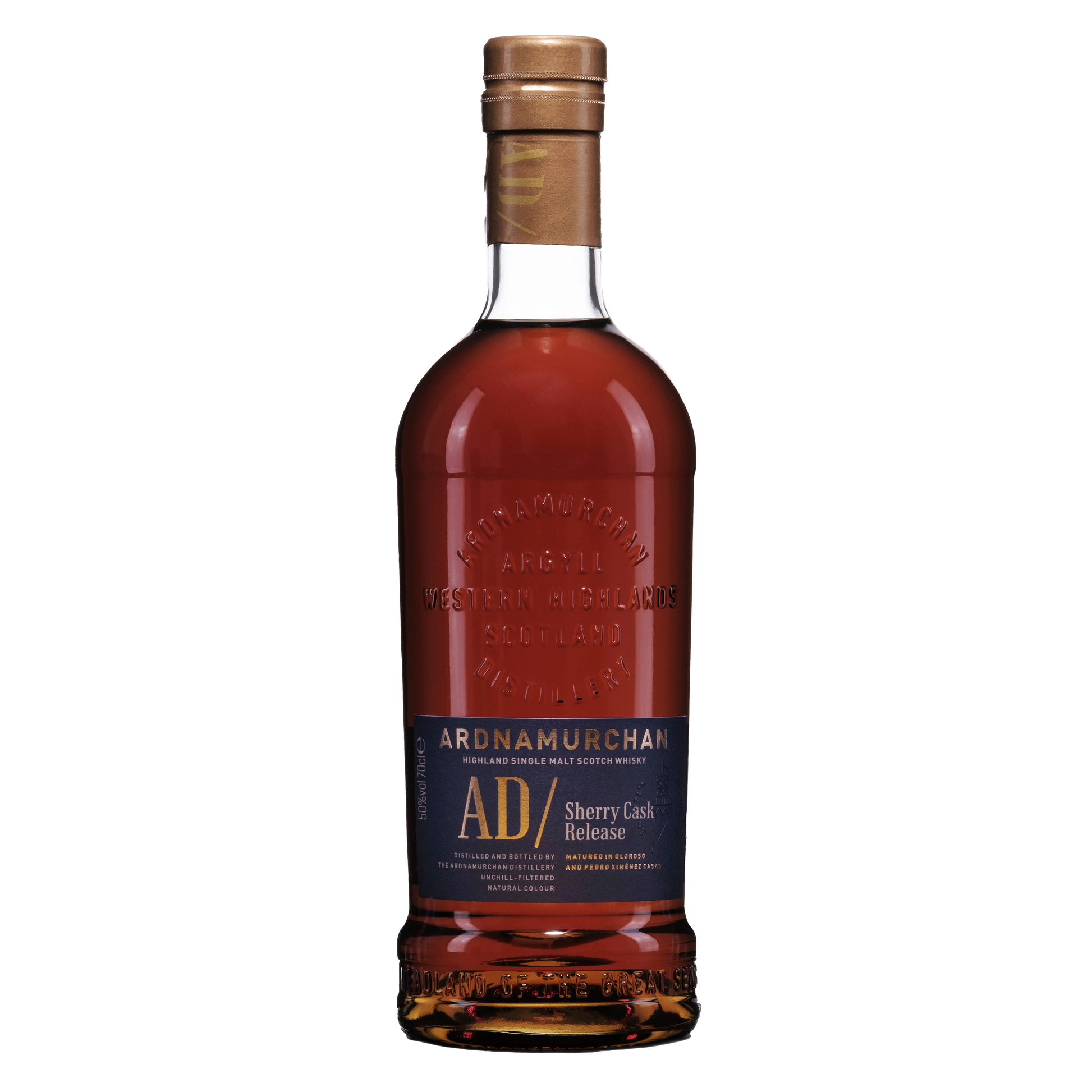 A bottle of Ardnamurchan Sherry release single malt dark red whisky in a bottle embossed with the adrnamurchan logo and a navy blue label with gold writing 