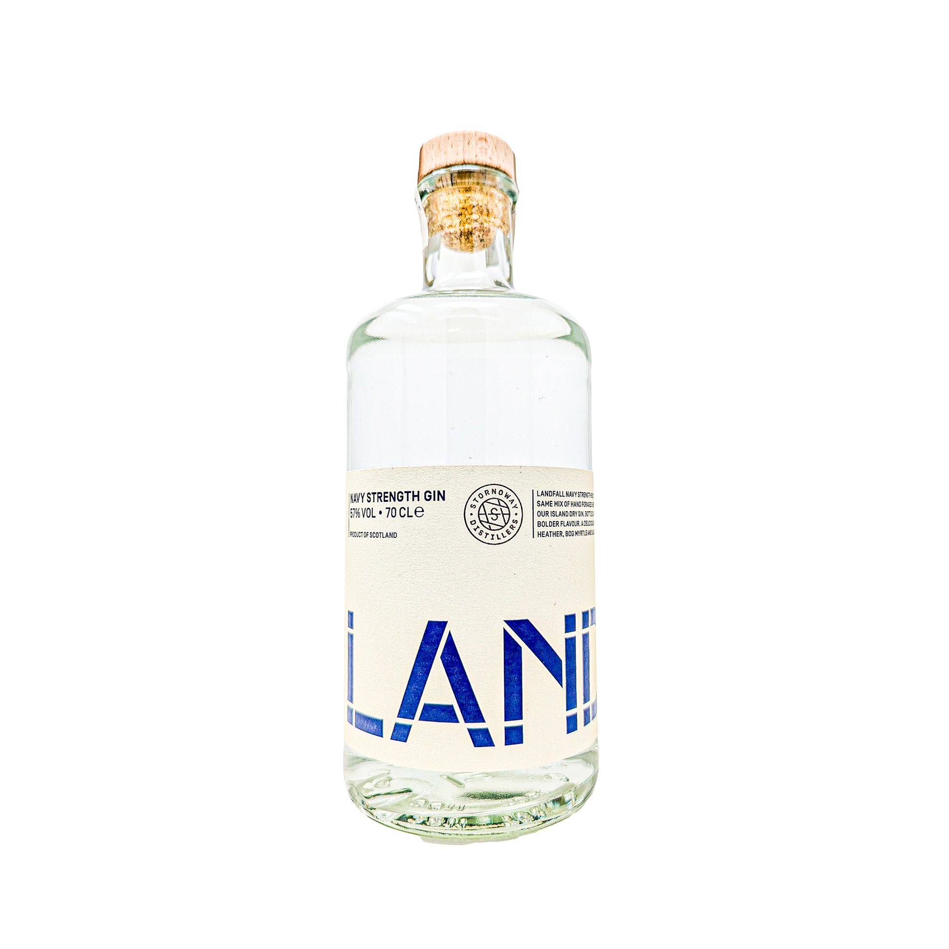 bottle of the Landfall navy strength gin with white and blue label from the Stornoway distillers 