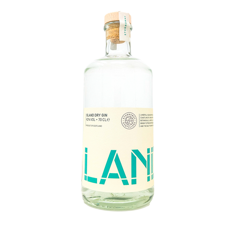 a bottle of the Landfall gin from the stornoway distillers with its white and green label 