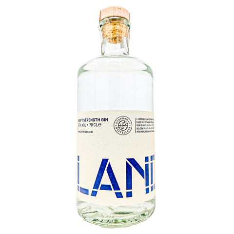 Clear bottle of Landfall Gin with a cork stopper on a white background