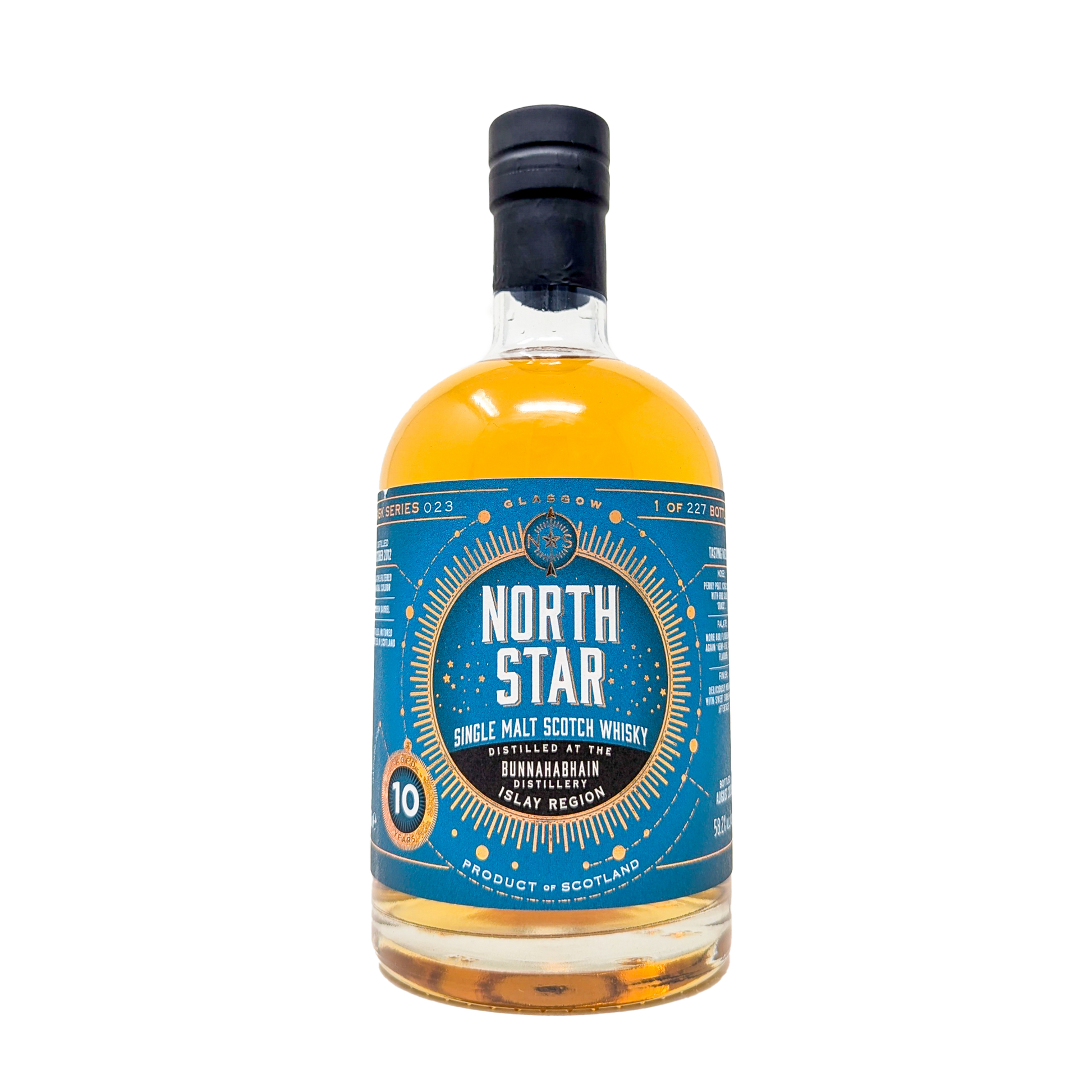 A bottle of North star independent bottlers Bunnahabhain 10 year old single malt whisky with a blue and gold label 