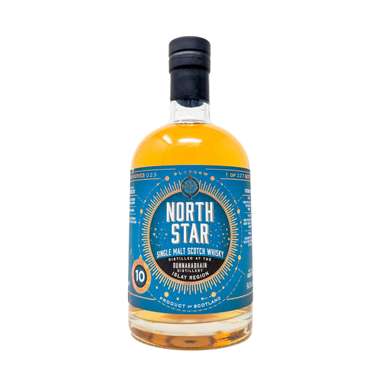 A bottle of North star independent bottlers Bunnahabhain 10 year old single malt whisky with a blue and gold label 